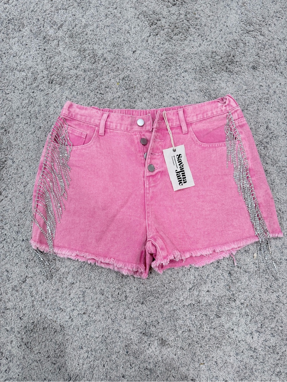 Savanna Jane Pink Denim Shorts with Rhinestone Fringe
